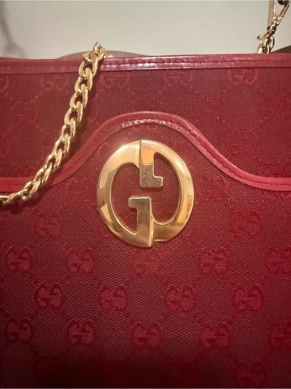 🇺🇸Vintage Gucci Red GG Monogram Canvas & Leather Shoulder Bag Italy - Picture 13 of 14